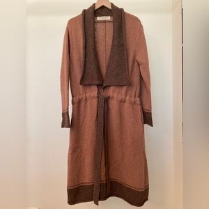 Stylish 2-tone Brown Long Sweater. Wool and linen, with drawstring waist.